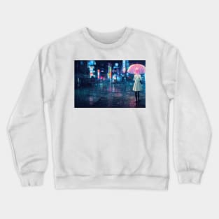 Girl walks at Asian city, Girl walks at cyberpunk city ,Girl walks at rain in city Crewneck Sweatshirt